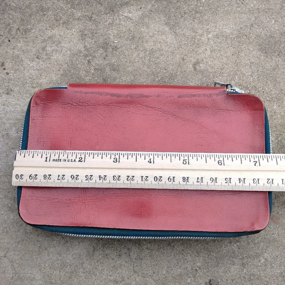 Vintage 80's Red Leather Double Zipper Pencil Case Pen Pouch Stationery Storage